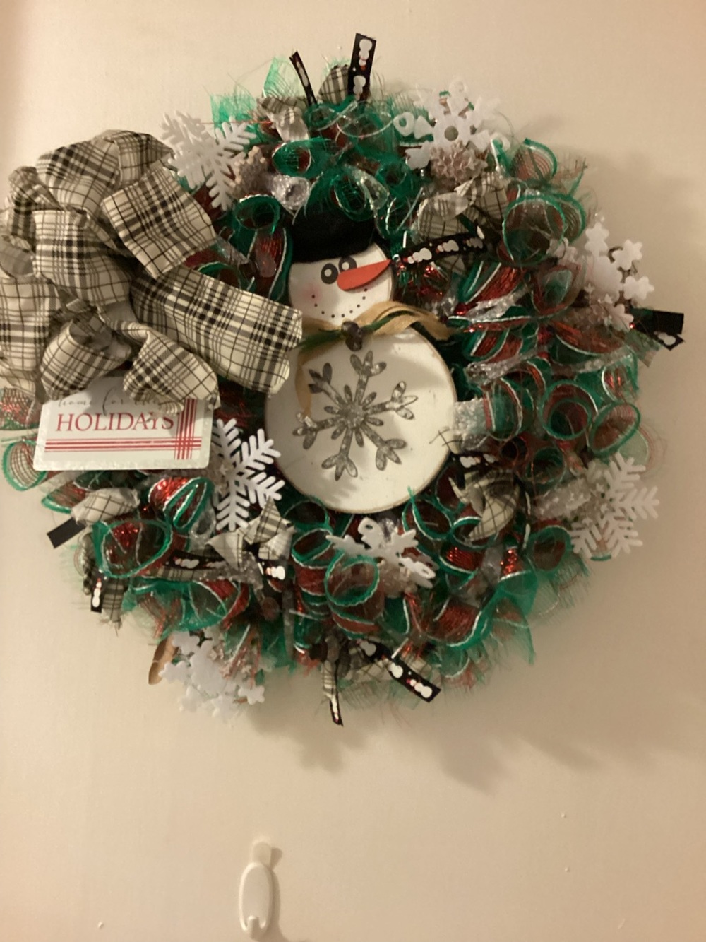 Snowman Christmas wreath with battery operated lights